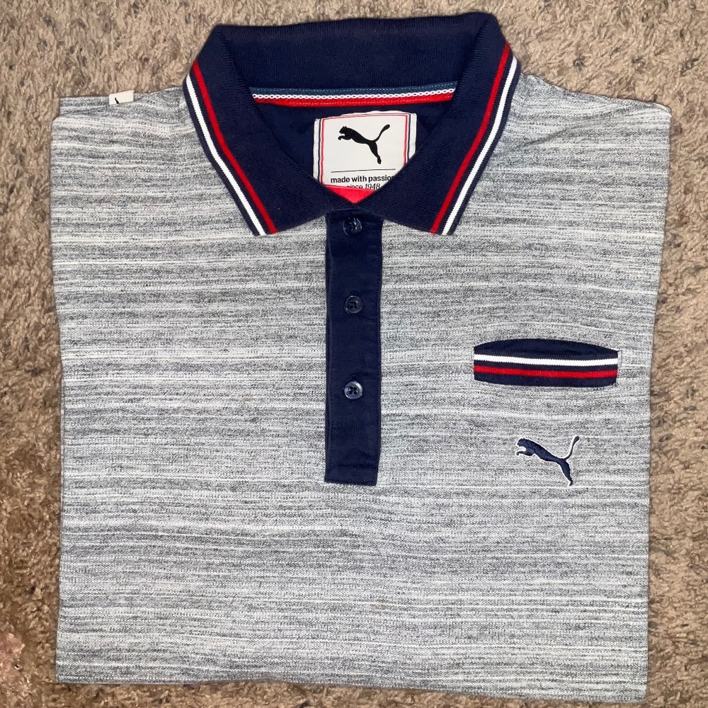 Puma Heather Polo Heather Gray And White With Navy Blue Trim